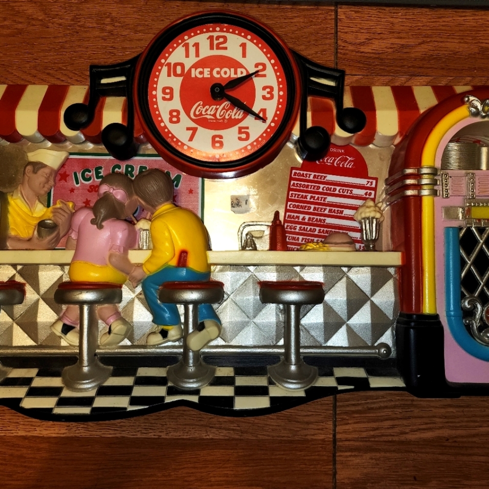 Vintage 1950's COCA COLA Ice Cream Parlor Diner Scene Hanging Wall Clock 13x20"